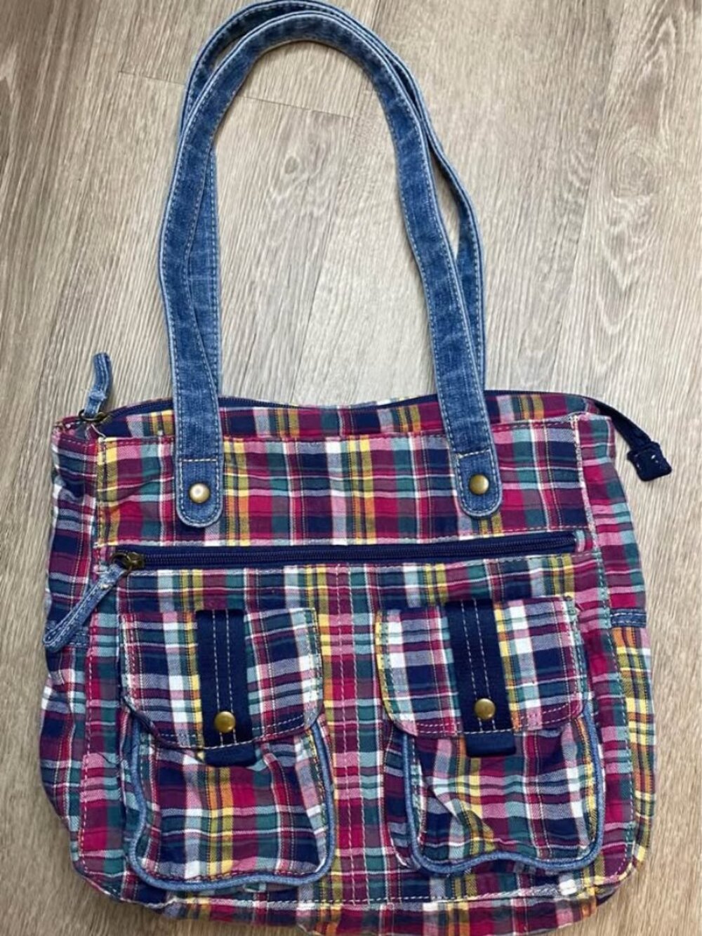 Plaid Patchwork Shoulder Bag Purse Preppy Style Denim Handles Zip Closure Mid-Si